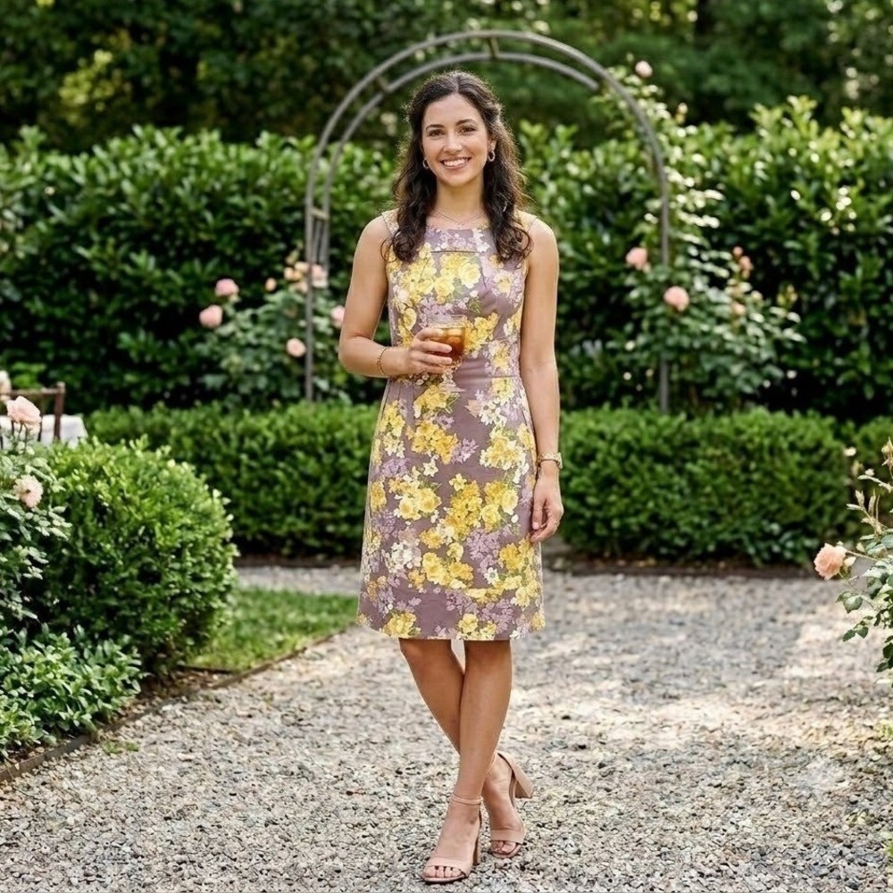 Dressbarn Sheath Dress Women 6 Yellow Floral Sleeveless‎ Garden Party Summer